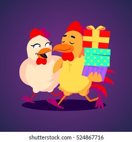 Vector illustration. A smiling rooster and hen carying gift boxes in funny cartoon style