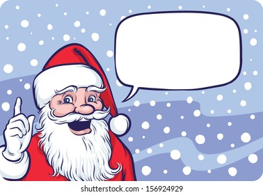 Imagen vectorial del Santa Claus sonriente señalando con burbuja de habla. Archivo EPS10 vectorial de fácil edición, escalable a cualquier tamaño sin pérdida de calidad. Se incluye el archivo JPG de rasterizado de alta resolución. 
