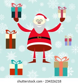 Vector illustration of smiling Santa Claus with gifts on a blue background