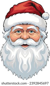 A vector illustration of a smiling santa claus face with a red hat and a white beard, ideal for Christmas projects, such as cards, stickers, labels, tags, and more. #christmas #card #sticker #merry