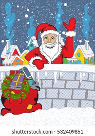 Vector illustration of a Smiling Santa Claus with his bag full of gifts, greeting us behind a small village wall, on a snowy winter Christmas eve.