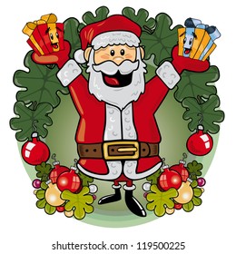 Vector illustration of smiling Santa holding presents, green version