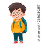 Vector illustration of a smiling schoolboy character in glasses, orange sweater, blue backpack, red sneakers. Brown hair, full-length, white background. Cute student for kids