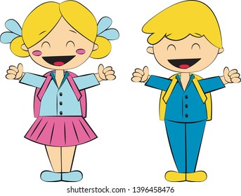 Vector illustration. Smiling schoolboy and schoolgirl in cartoon stile. Isolated on white