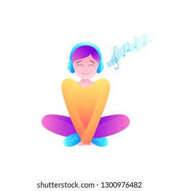 Vector illustration of a smiling sitting Boy listening to Music in the Headphones. Wavy music Staff. Isolated on the white background.