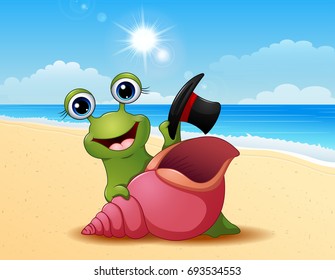 Vector illustration of Smiling snail cartoon on summer beach