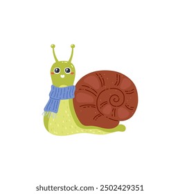 Vector illustration of a smiling snail with horns in a blue scarf on a white background. It is ideal for the design of kawaii graphics on a natural theme..