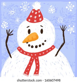 Vector illustration of smiling snowman in red header and scarf, snowflakes on the blue background