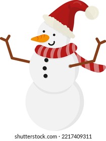 Vector illustration of a smiling snowman with a scarf and a carrot nose. Activities in the snow on winter days. Christmas decorations.