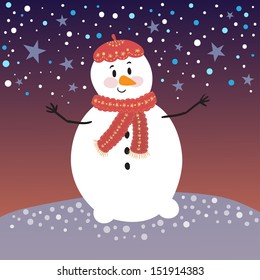 Vector illustration of smiling snowman with snowflakes