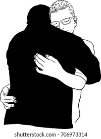 Vector illustration of smiling son hugging father 