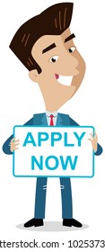 Vector illustration of a smiling southeast asian cartoon businessman holding sign that says 'apply now' isolated on white background