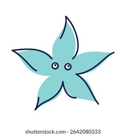 Vector illustration of smiling starfish in childish cartoon style. Cute sea creature for ocean themes, underwater patterns, diving and snorkeling designs, kids books, summer and beach projects