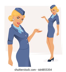 Vector illustration of smiling stewardess in blue suit. 