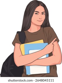 Vector illustration of a smiling student carrying a folder, showing confidence. The student is holding a backpack and pointing in a friendly gesture, emphasizing education and success.