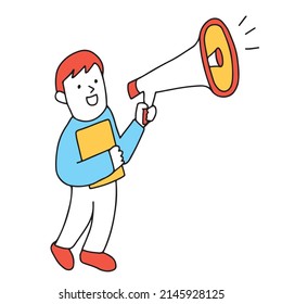 Vector illustration of smiling student shouting through a megaphone. 