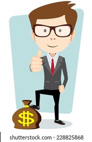 Vector Illustration of a Smiling Successful Cartoon Business Man Giving the Thumbs Up and Standing with His Foot on the Bag Dollar
