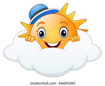 Vector illustration of Smiling sun cartoon wearing blue cap with cloud