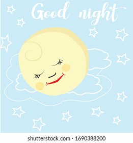 Vector illustration. The smiling sun fell asleep on a cloud in the night sky and stars. Baby card with the handwriting "Good night"