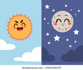 Vector illustration of smiling sun and moon. Day and night concept with cute cartoon characters