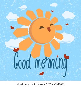 vector illustration of smiling sun in positive attitude with "Good morning" text