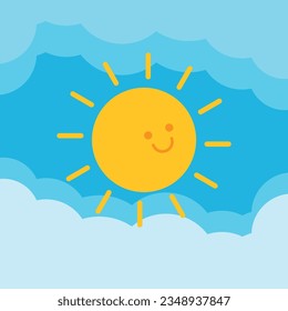Vector illustration of a smiling sun surrounded by clouds. Dawn and happy day.