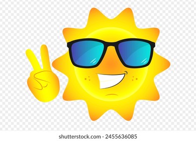 Vector illustration of smiling sun wearing sunglasses on transparent background