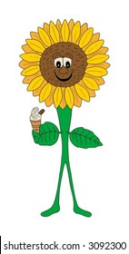  Vector illustration of a smiling sunflower with an ice cream