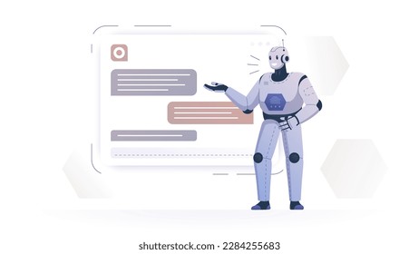 Vector illustration of a smiling and talking robot performing in front of an audience. The robot teacher points with mechanical hands at the screen with the image. Modern technological possibilities.