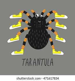 Vector illustration of a smiling tarantula with yellow sneakers on a gray background