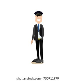 Vector illustration of smiling taxi driver standing with hand in pocket. Street people flat style design element, icon isolated on white background.