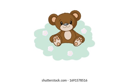 Vector illustration. A smiling teddy bear sits on a grass with flowers. Baby card.