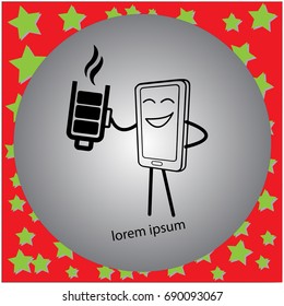 vector illustration a smiling telephone holding a battery icon in the shape of coffee cup, recharge concept