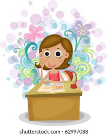 Vector illustration of a smiling thinking lady.
