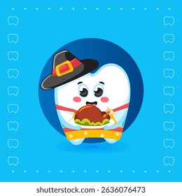 Vector illustration of a smiling tooth character wearing a black hat and holding a roasted Thanksgiving turkey on a blue background. Fun holiday mascot concept for kids and dental themes