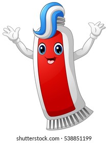 Vector illustration of Smiling toothpaste cartoon raising its hand double