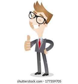 Vector illustration of a smiling and winking cartoon business man in three-quarter profile giving the thumbs up.