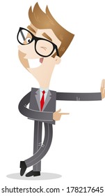 Vector illustration of a smiling and winking cartoon businessman leaning against the wall with pointing gesture.