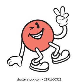 Vector illustration of a smiling and winking vintage cartoon mascot with round body, showing peace gesture 