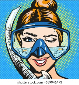 Vector illustration of smiling and winking young woman in scuba diving equipment. Diver female in retro pop art comic style.