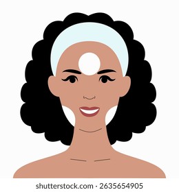 Vector illustration of smiling woman applying face mask treatment.