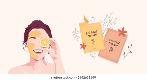 Vector illustration of a smiling woman applying skincare with a lemon slice and facial mask, next to skincare sheet packs and botanical decorations. Fresh and playful wellness theme.