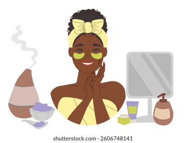 Vector illustration of a smiling woman enjoying a spa day at home. She wears a headband, surrounded by beauty products and a steamer, creating a relaxing atmosphere.