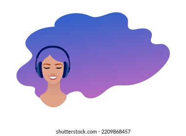 Vector illustration of smiling woman with headphones isolated on white background.