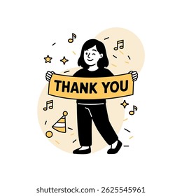 Vector illustration of a smiling woman holding a “THANK YOU” banner with festive elements like stars, music notes, and party icons