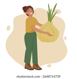 Ilustração vetorial de uma mulher sorridente segurando uma cebola enorme com as duas mãos. A imagem captura um humor lúdico, mostrando alegria e humor em um estilo animado.