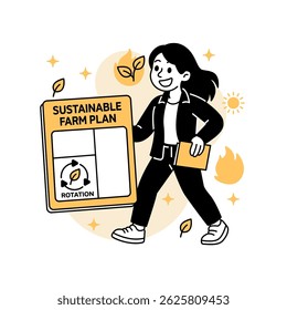 Vector illustration of a smiling woman managing a sustainable farm plan focused on crop rotation, promoting eco friendly agriculture and renewable resource strategies for economic growth.