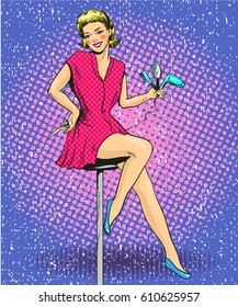 Vector illustration of smiling woman sitting on chair and holding scissors, combs and hair dryer. Hairdresser in retro pop art comic style.