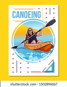 Vector illustration of smiling woman swimming in canoe or kayak. Sport themed poster on abstract background