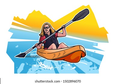 Vector illustration of smiling woman swimming in canoe or kayak. Sport themed poster on abstract background